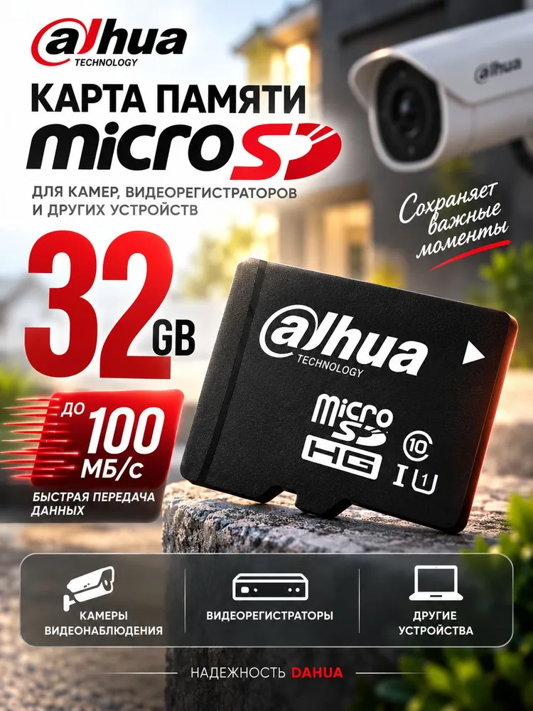 Карта памяти microSD 32 ГБ для камеры видеонаблюдения, видеорегистратора и телефона, класс 10, стабильная запись видео, Dahua DHI-TF-C100/32GB, 32 ГБ, 32 ГБ