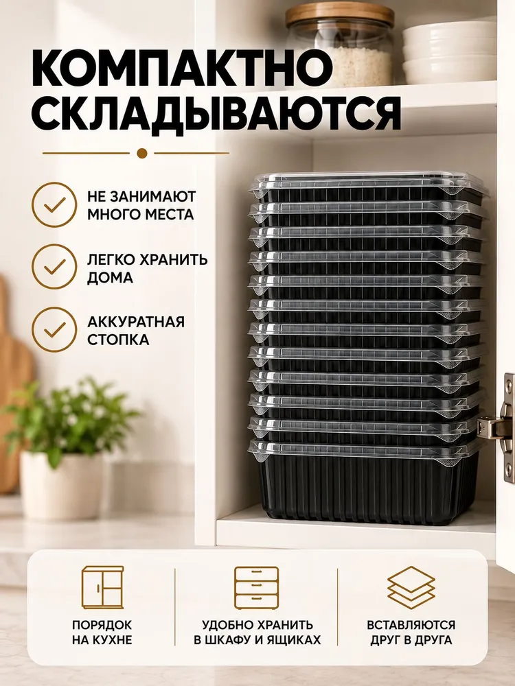 Контейнеры одноразовые с крышкой 1000 мл 10шт для еды и заморозки ягод, пластиковые, 1 л, 10 шт, фото 6