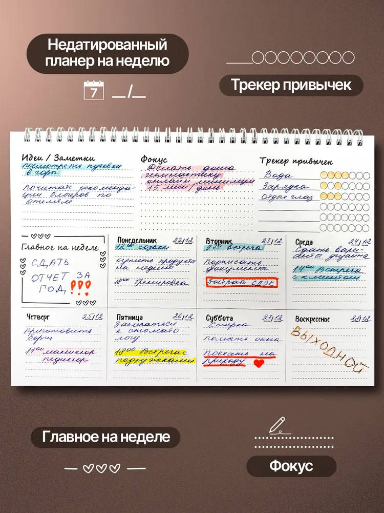 Планер еженедельник на неделю на год AXLER, планинг недатированный, ежедневник для записей А4, вариант, фото 5