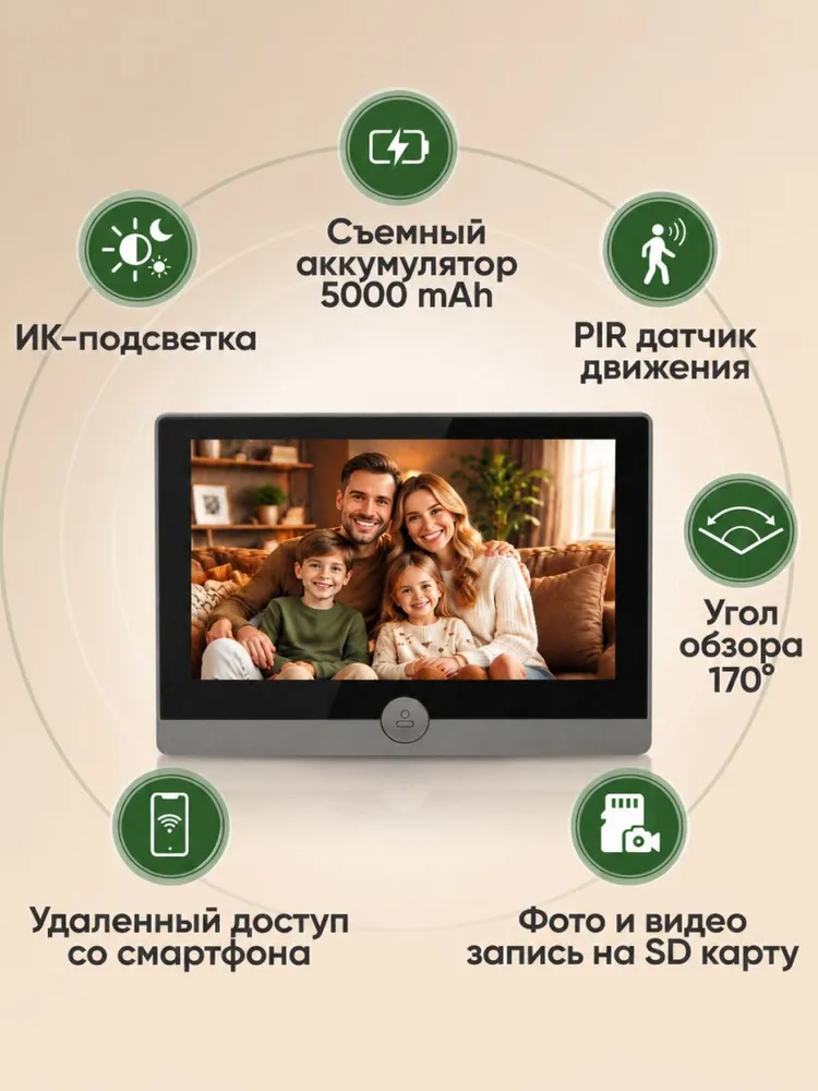 Видеоглазок для входной двери с записью видео и датчиком движения 500 PC Grey, Видеоглазок wifi, серый, фото 2