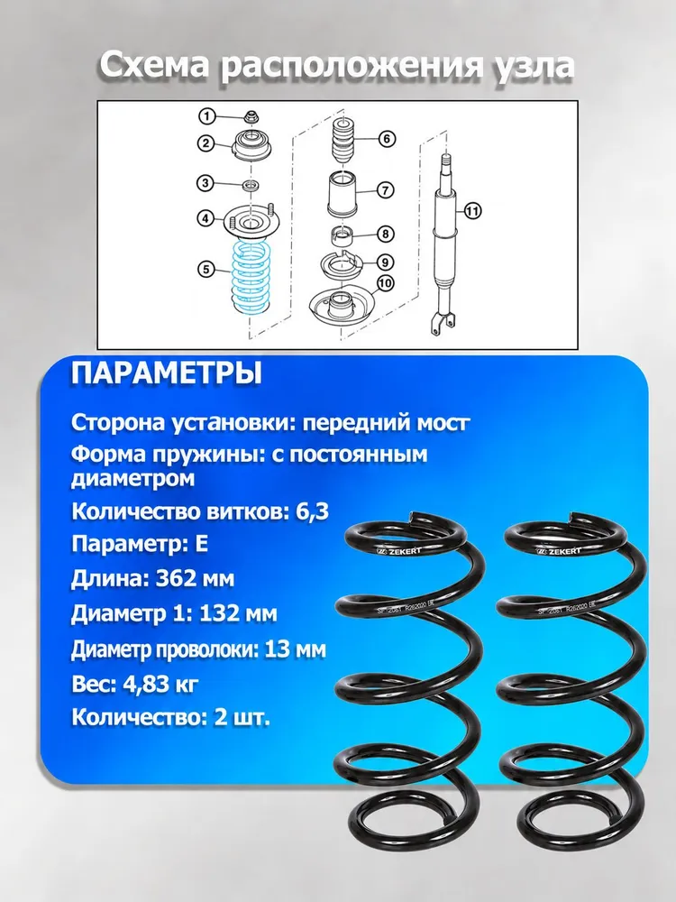 Пружины подвески Ауди А4 B5, А6 C5, Шкода Суперб 1, Фольксваген Пассат B5 Передние / Пружины подвески Audi A4 B5, A6 C5, Skoda Superb 1, Volkswagen Passat B5 Передние / 2 шт Zekkert, 2 шт, фото 2