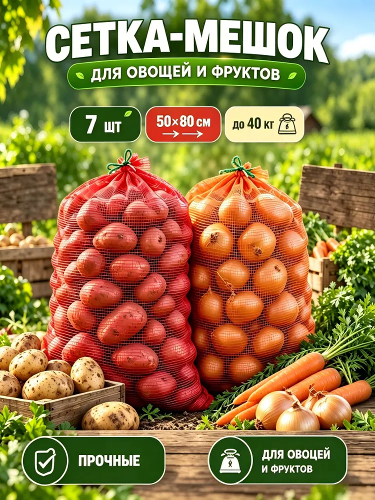 Сетка мешок 50*80 см для овощей и фруктов, 7 шт, выдерживают до 40 кг , для картофеля и лука, 50x80 см, 7 шт