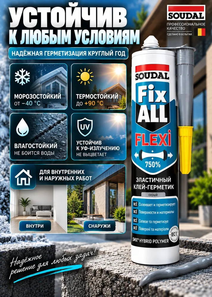 Клей герметик Серый эластичный SOUDAL Fix All Flexi 290 мл, 290 мл, фото 4