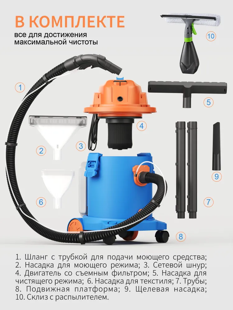Моющий пылесос для дома Ognix 1400 Вт, 20 л мощный пылесос моющий для мебели, ковров, автомобиля, химчистки, влажной и сухой уборки, 1400 Вт, 20 л, фото 6