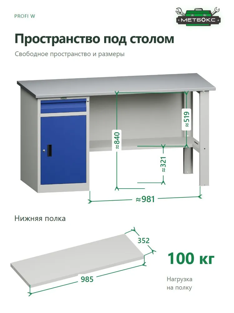 Верстак однотумбовый слесарный Практик Profi W WT160.WD2/F1.110 (с подвесным ящиком и перфорированным экраном, 1600 мм, для станка, тисков, универсальный), однотумбовый слесарный W F1.011, фото 3