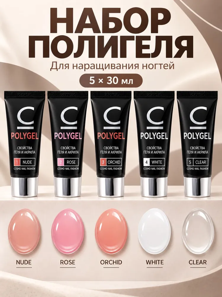 Набор полигеля для наращивания и моделирования ногтей, 5 оттенков по 30 мл, 30 мл, фото 6