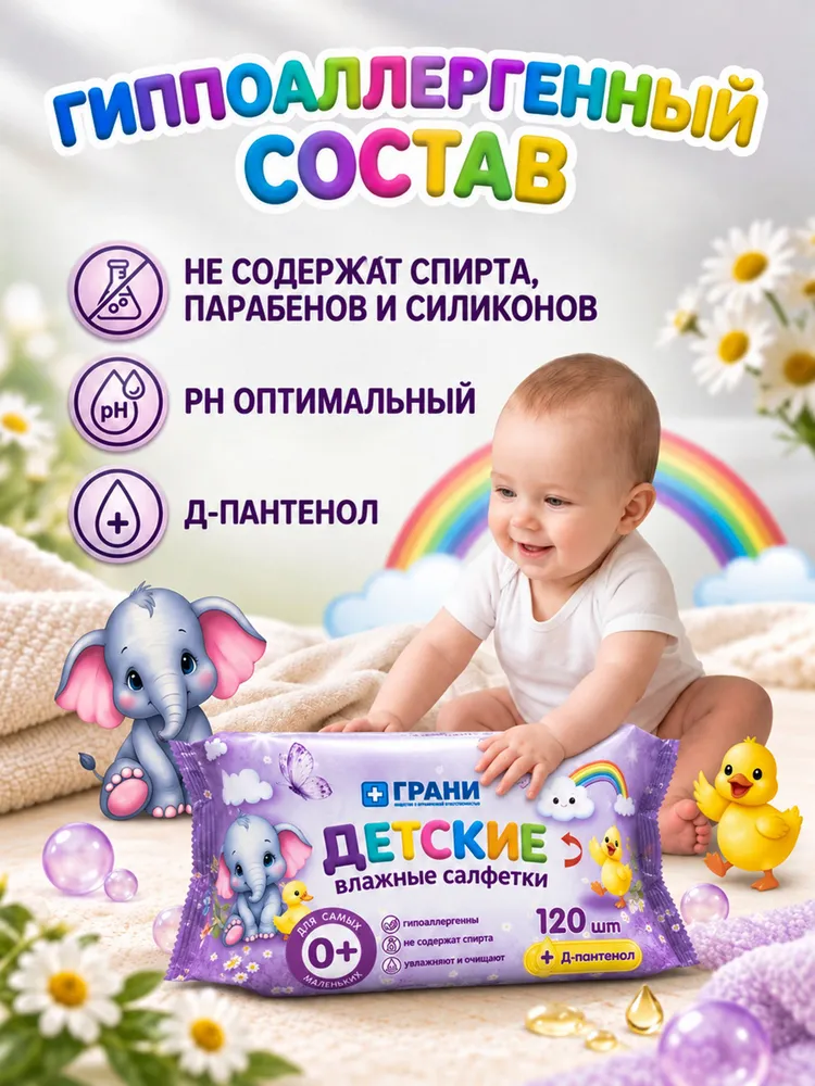 Влажные салфетки детские 120 штук, для новорожденных, с Д-пантенолом, вариант, фото 2