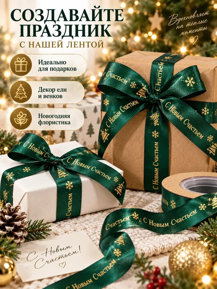 Атласная лента С Новым Счастьем 22 м, 2,5 см, 22 м, фото 3