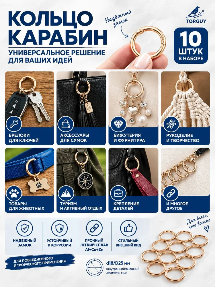 Кольцо карабин для сумки d25/D33 золотой Набор 10 штук, золотой, фото 2