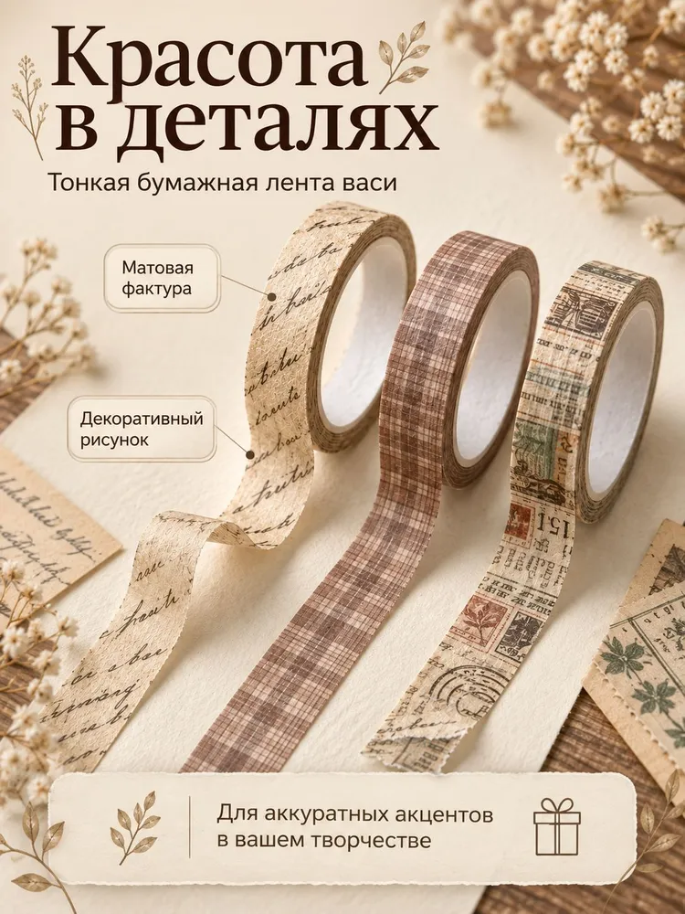 Винтажная декоративная клейкая лента для скрапбукинга и дневника, вариант, фото 6