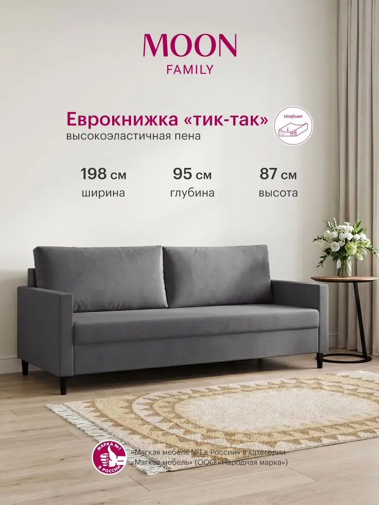 Диван кровать раскладной пантограф (тик-так) MOON FAMILY 133, темно-серый велюр, 198х95х87. Эксклюзивная пена UniqFoam, серый