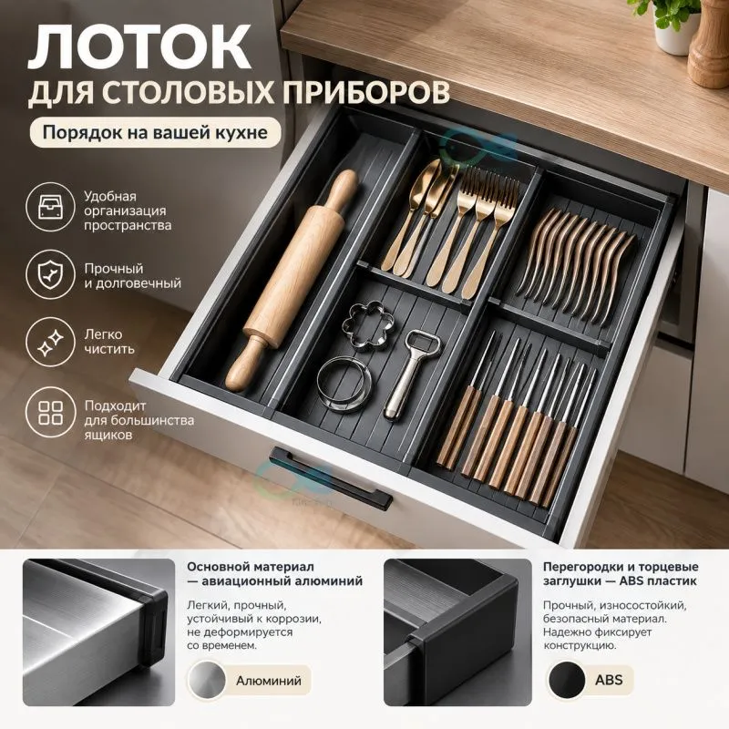 Органайзер для столовых приборов 40 см x 46 см х 6 см 3 шт установка в кухонный ящик алюминиевый сплав серый, 3 шт