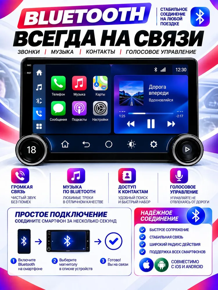Магнитола для авто с блютуз с крутилками 10" CarPlay/Android Auto, вариант, фото 4