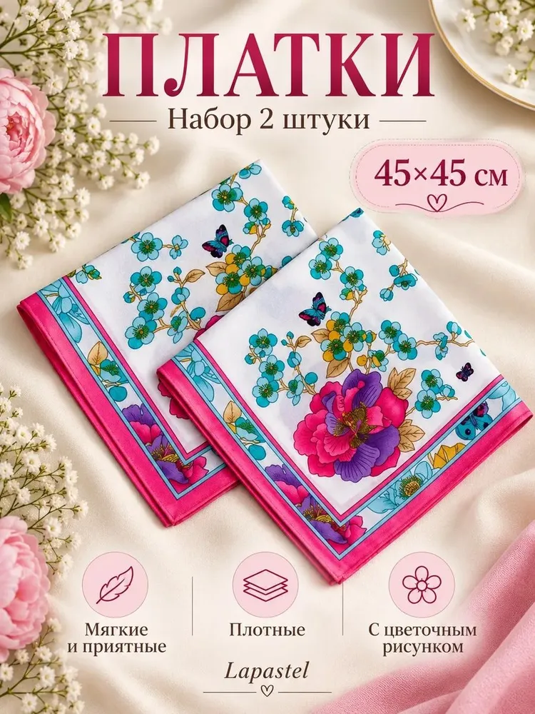 Набор платков 2 штуки 45х45 см сатин мягкие плотные большие, 45x45 см