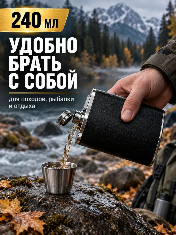 Фляжка для алкоголя и воды подарочная из нержавеющей стали Travel Friendly, 240 мл, черная, 240 мл, фото 5