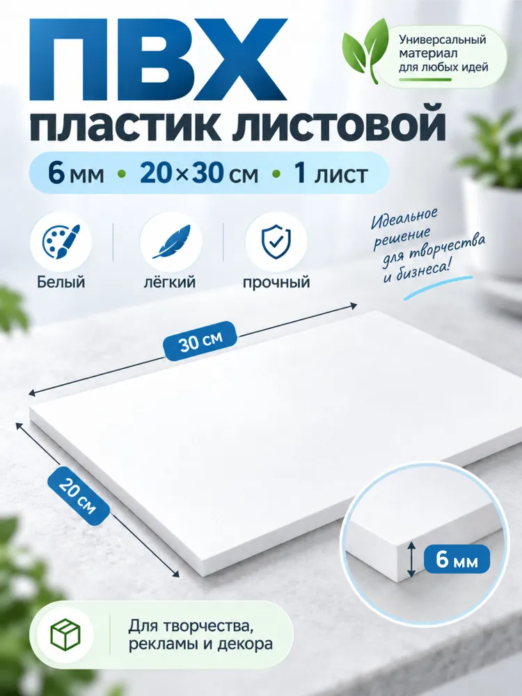 ПВХ пластик листовой 6 мм, 20х30 см,1шт, 20x30 см, 1 шт
