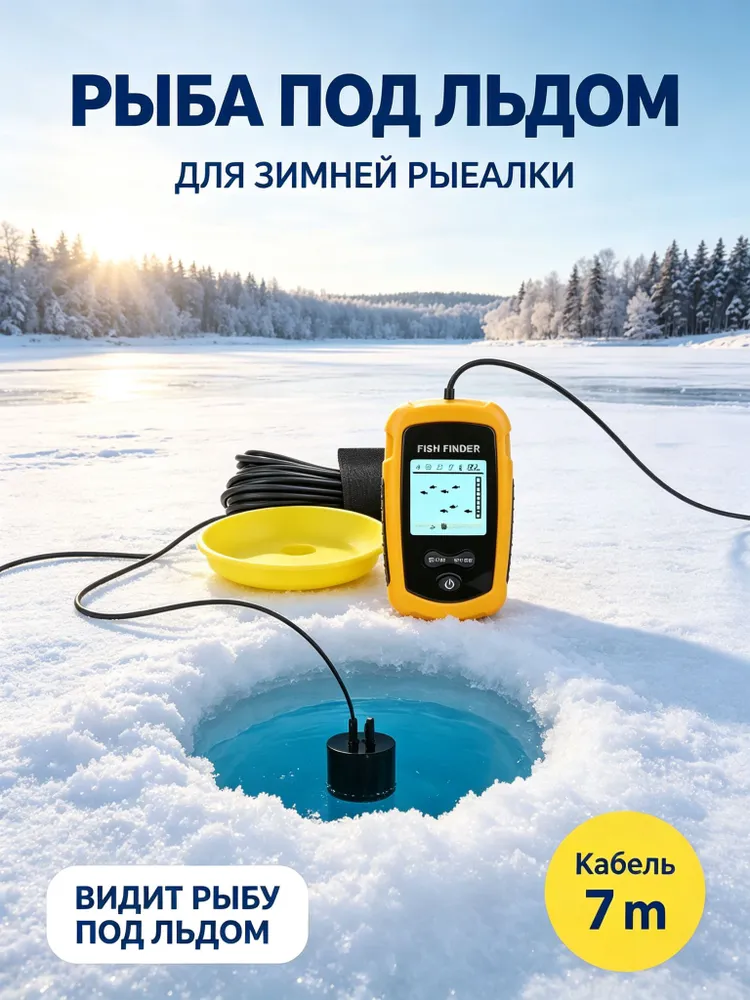 Проводной эхолот для поиска рыбы, подходящий для зимней и летней рыбалки, 7-метровый кабель, датчик для обнаружения скоплений рыбы., вариант, фото 6