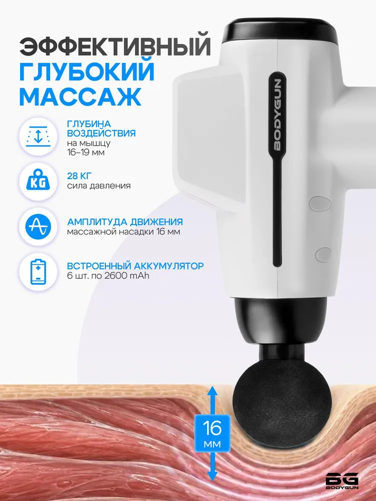 Перкуссионный массажер для тела профессиональный мощный Bodygun PRO16 CORD, массажный пистолет вибромассажер, для шеи и плеч, спины, ног, икр, с питанием от сети 220В, V.2 антицеллюлитный электрический ударный, фото 3