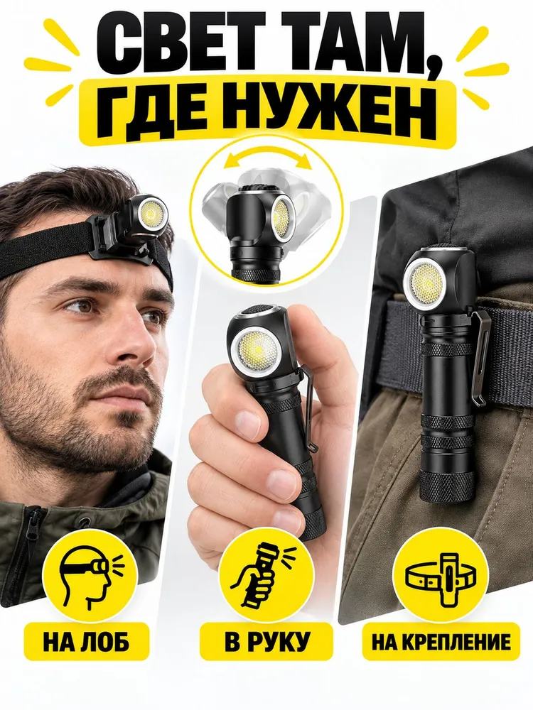 Vidarius / Фонарь налобный аккумуляторный 18650 яркий 2 в 1 с креплением, 3500мАч, 2000 лм, алюминиевый сплав, usb type-c, IPX5, 3500 мАч, фото 2