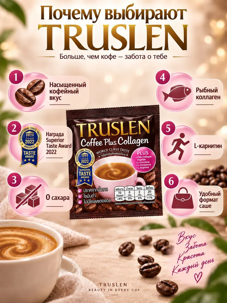 Кофе растворимый с коллагеном для похудения Truslen Coffee Plus Collagen, 2 упаковки по 10 саше, Тайланд, вариант, фото 4