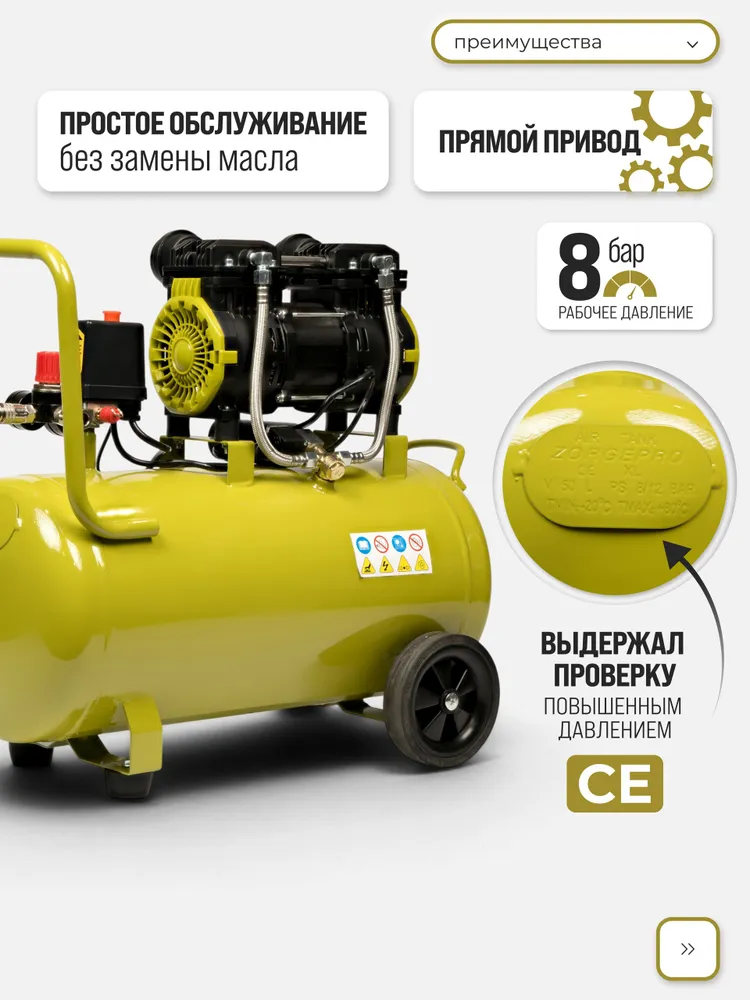 Компрессор воздушный 50л безмасляный малошумный ZORGEPRO ZB-330/50, 330 л/мин, 1900 Вт, 50Гц, 8 бар, 50 л, 330 л, фото 5