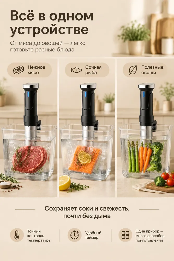 Погружной сувид Sous vide 1200 Вт, точный контроль температуры, сохраняет сок в мясе, сохраняет полезные вещества, для дома и диетических блюд, низкотемпературная варка для стейка, 1100 Вт, фото 4