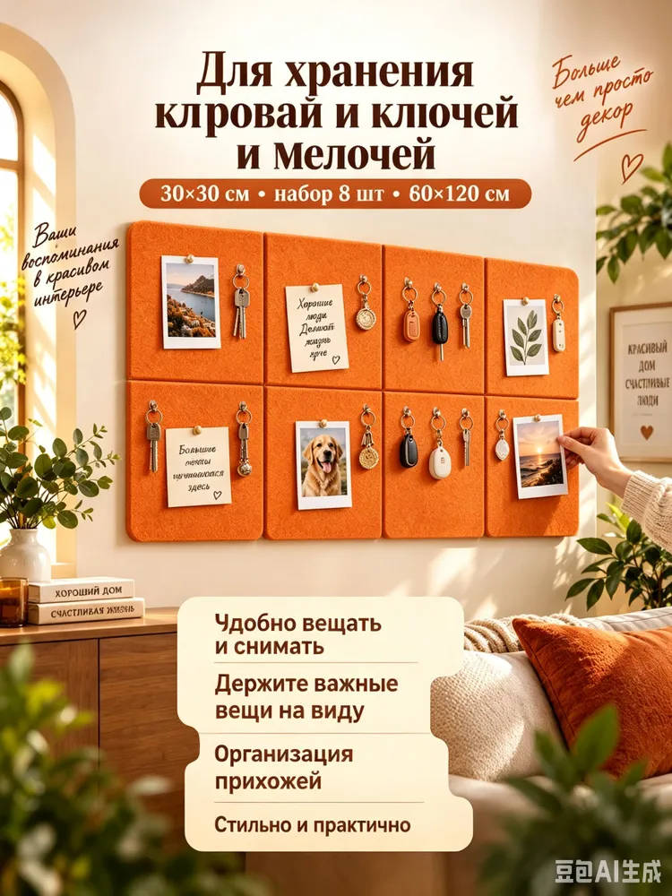 STARLEK Мудборд на стену 8 панелей, доска для заметок из фетра 60x120 см, оранжевый, 60x120 см, фото 4