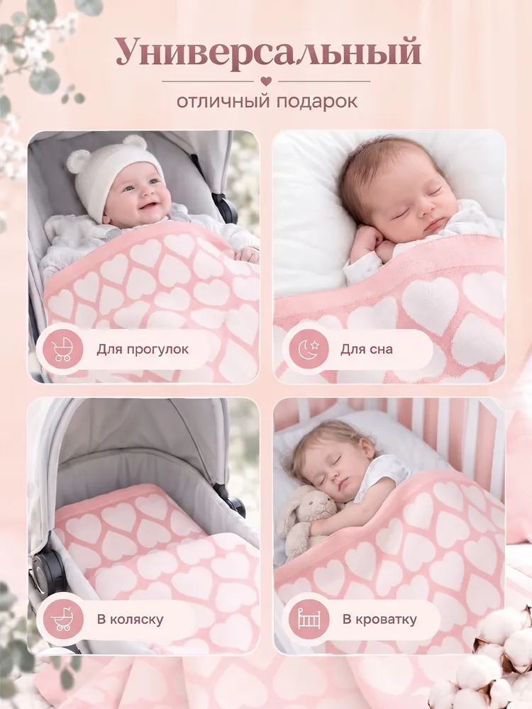 Плед детский для новорожденных 100х80 хлопок вязаный детский в коляску кроватку на выписку одеяло для новорожденного, 100x80, фото 3