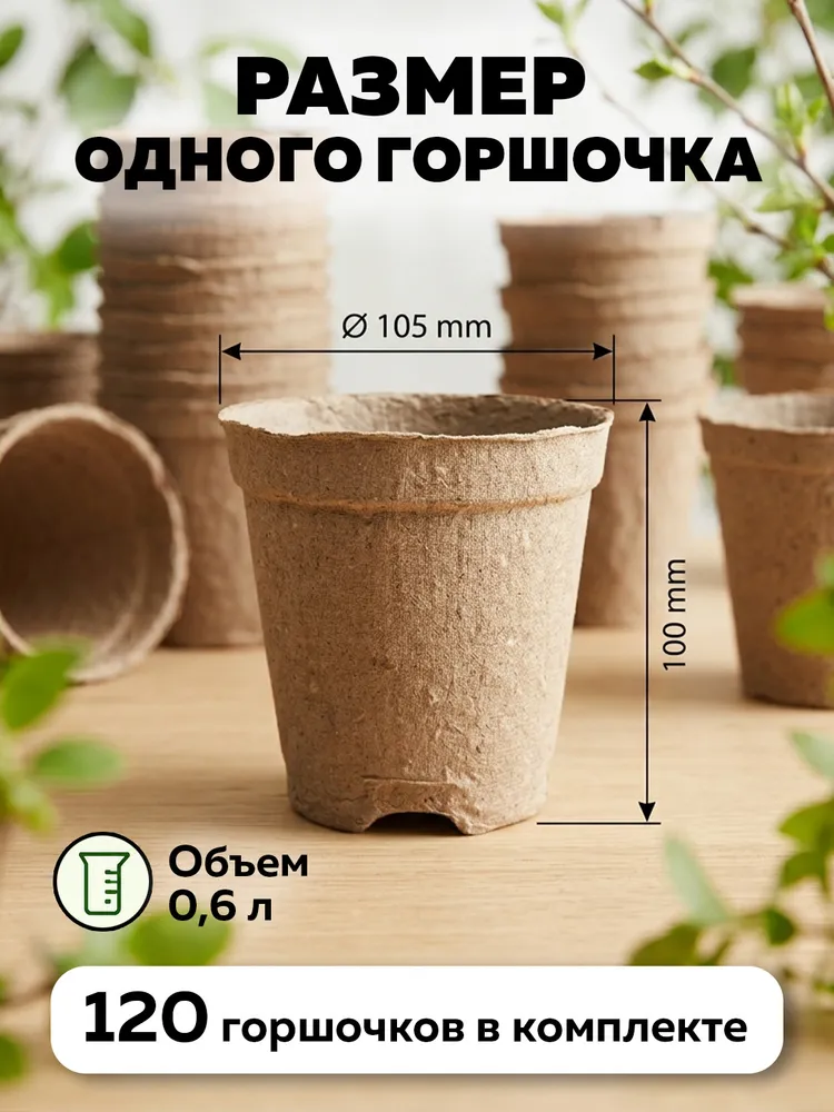 Торфяные горшочки для рассады ГазонCity с улучшенным дном 105*100 мм (уп.20 шт), 105x100 мм, фото 2