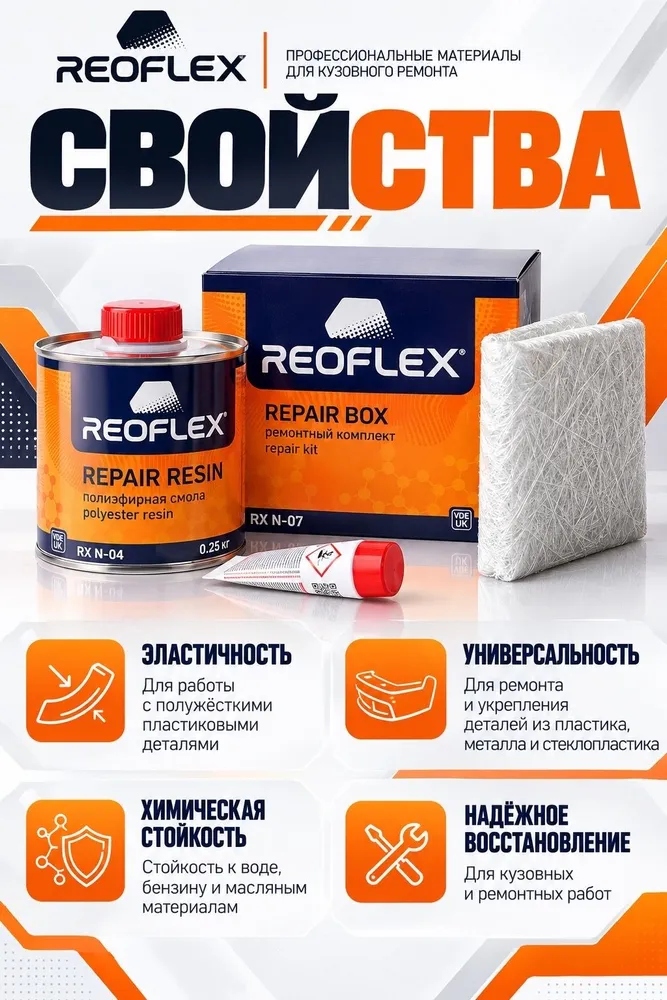 Смесь полиэфирная REOFLEX ремонтный комплект (0,25кг+0,25м2+0,015 гр) для ремонта пластиков, 250 г, 0,015 г, фото 2