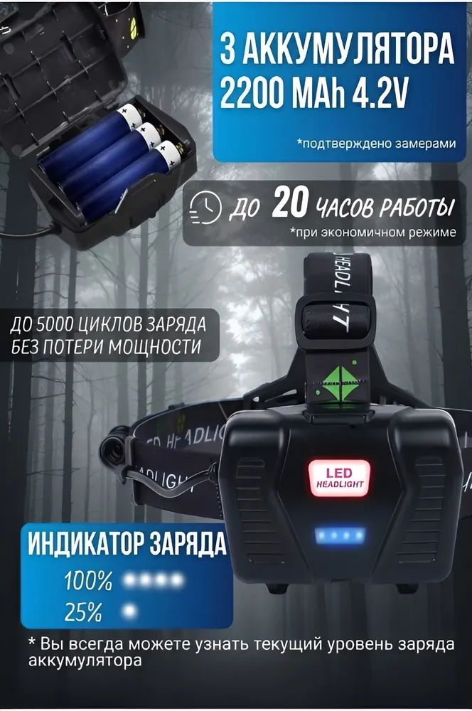 Фонарь налобный, аккумуляторный, светодиодный, LED с зарядкой, вариант, фото 3