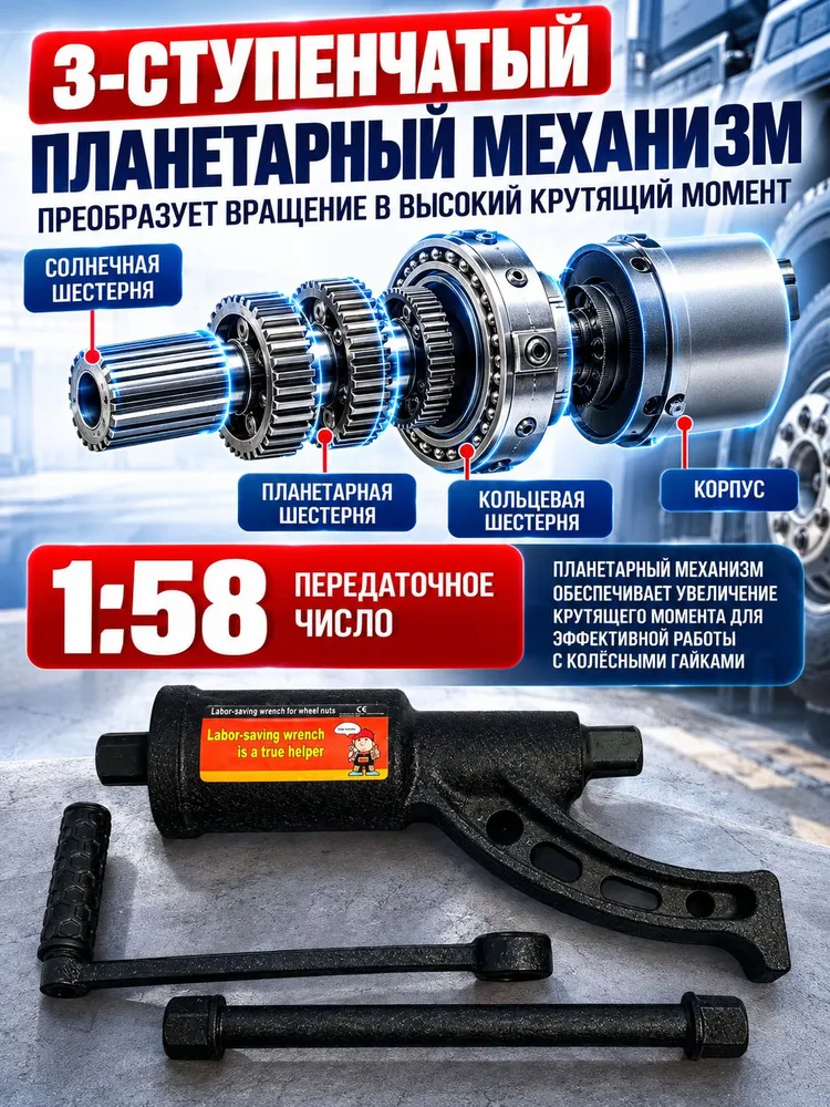 Гайковерт ручной мясорубка автомобильная для грузовых авто с набором головок 11 предметов, вариант, фото 3