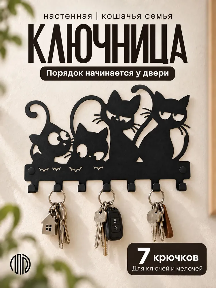 Ключница настенная 2 кота и 2 котенка, металл, вариант