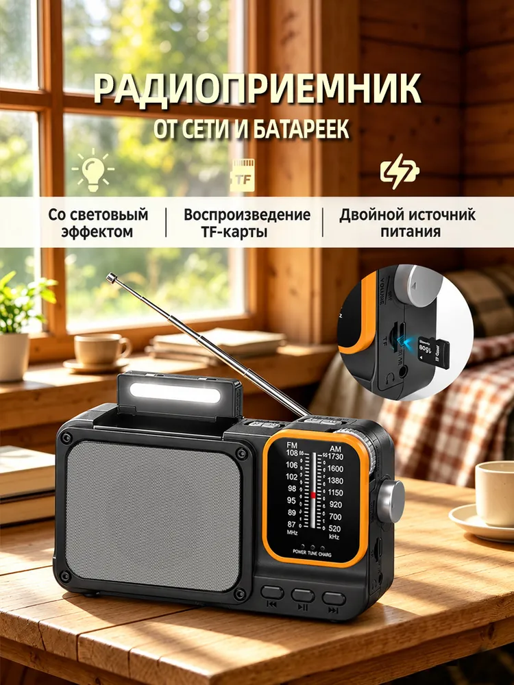 Sonara Радиоприемник ретро FM/AM/SW, Bluetooth, от сети и батареек, LED-подсветка, TF-карта, для дачи и пожилых, вариант