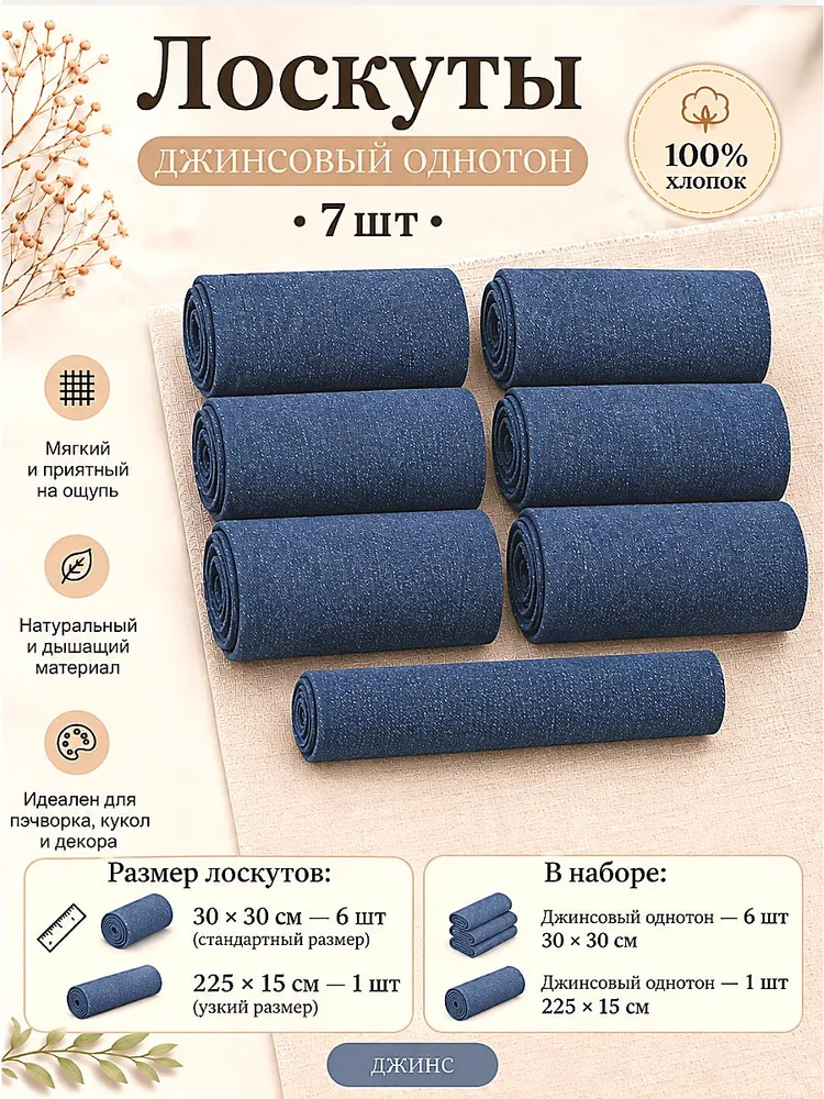 Набор тканей для рукоделия, вареный хлопок, 5 шт (30Х30/225Х15), темный джинс, 30x30, 5 шт