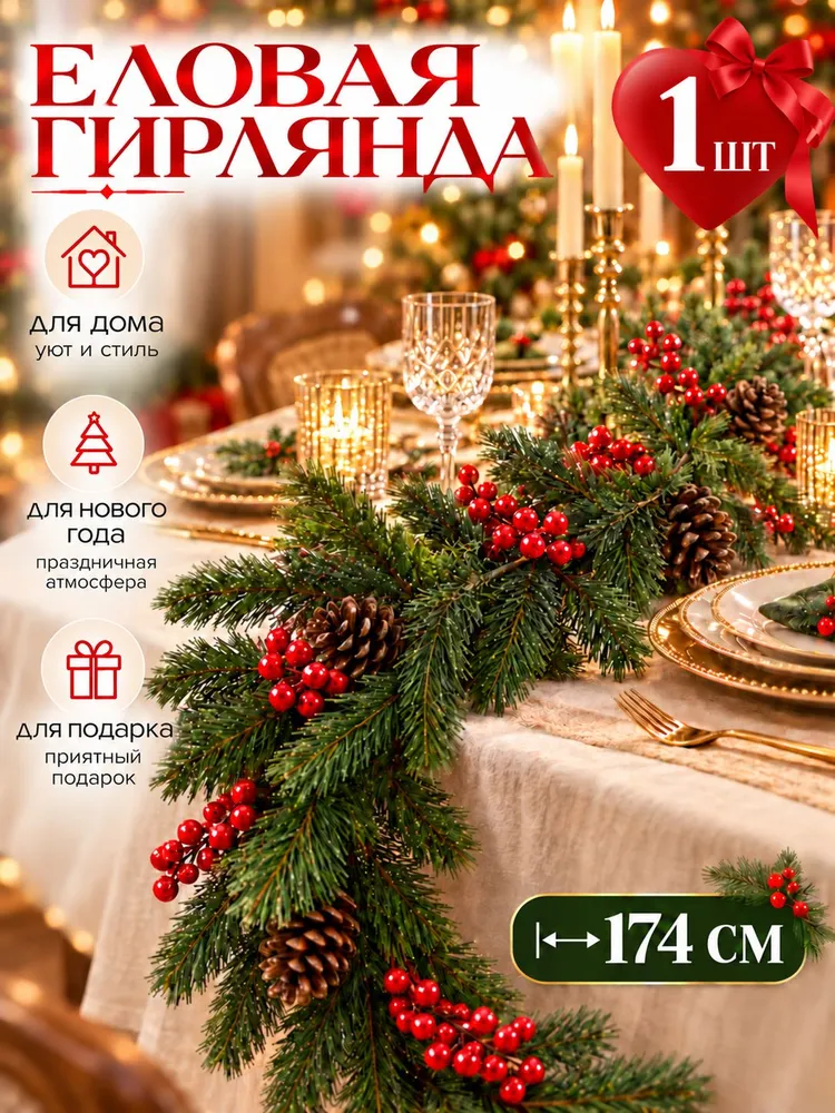 Гирлянда хвойная 174 см 1 шт пвх (поливинилхлорид) темно-зеленый, 1 шт