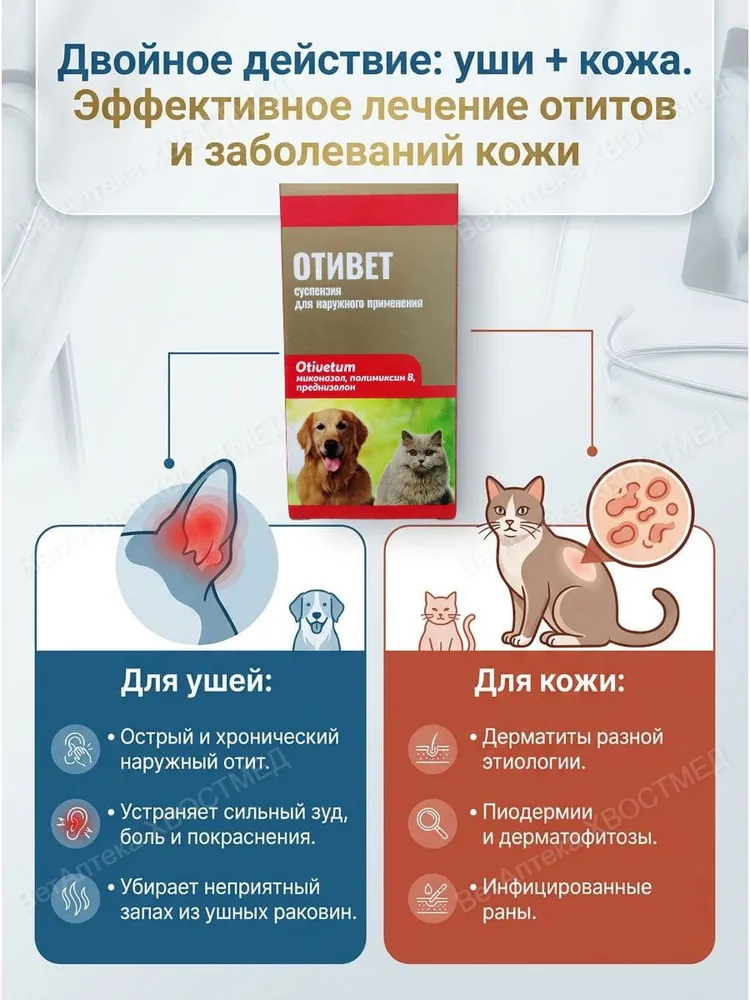 Отивет Суспензия для собак и кошек, капли ушные для лечения отитов , 30 мл, 30 мл, фото 2