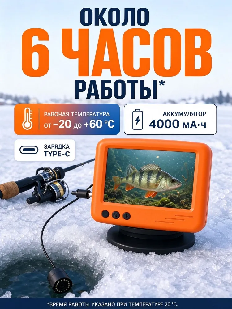 Визуальный эхолот, оснащенный 4,3-дюймовым экраном, 15-метровым кабелем и 12 инфракрасными светодиодами, способен получать изображения в мутной воде., вариант