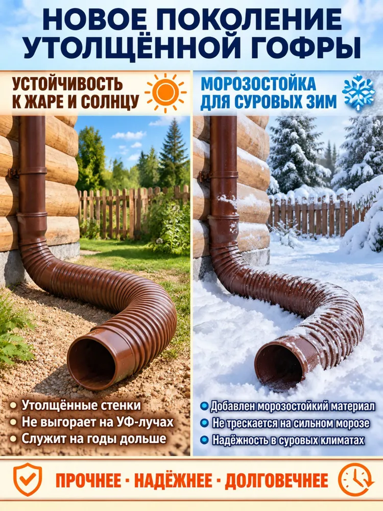 Удлинитель для водосточной трубы 150 см, гибкий выдвижной, пластиковый, прочный морозостойкий, 80-100 мм, с универсальным переходником, для дренажа и отвода воды, вариант, фото 5