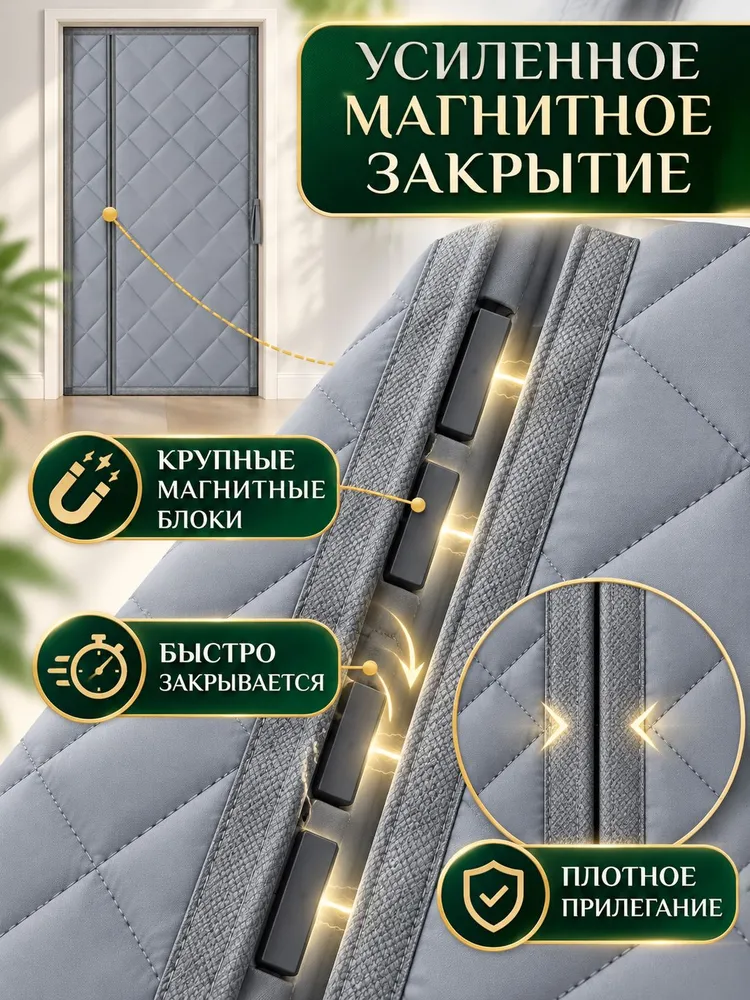 Теплая штора на дверь на магнитах с боковым открыванием, серая, 110х210см, 110x210 см, фото 3