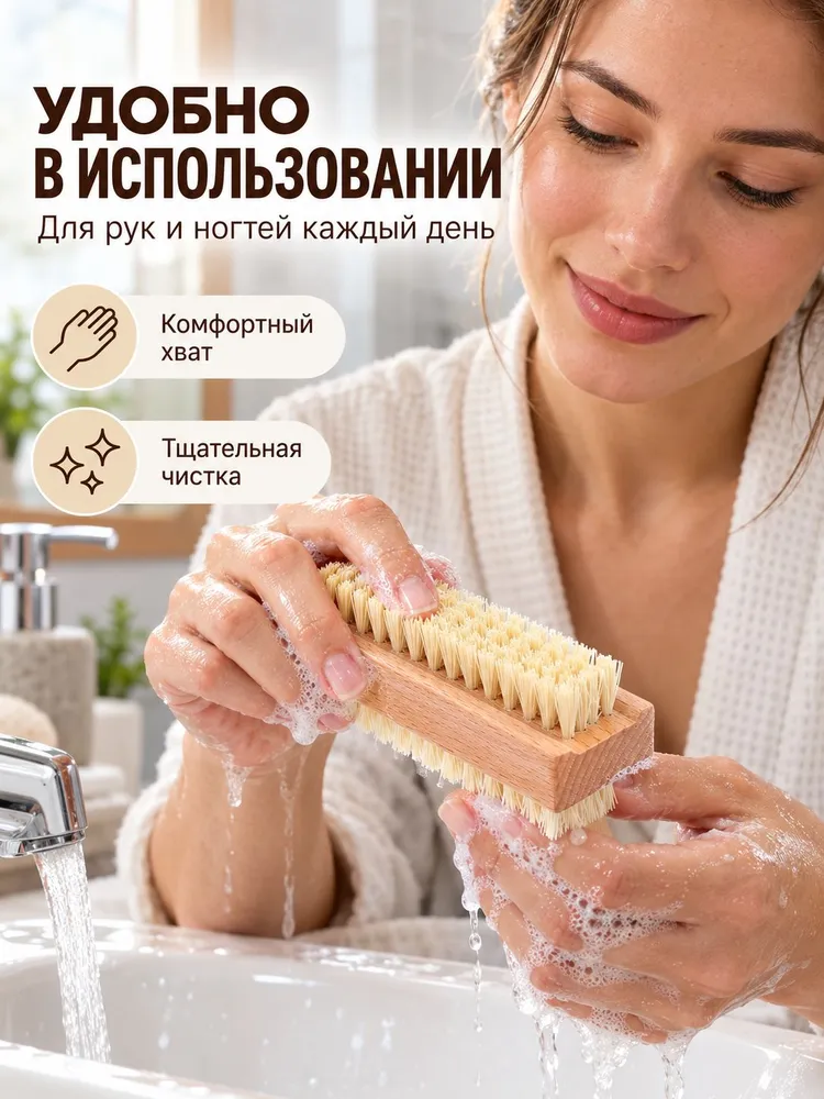 Двухсторонняя щётка с мягкой натуральной щетиной на деревянном корпусе для рук и ногтей, вариант, фото 2