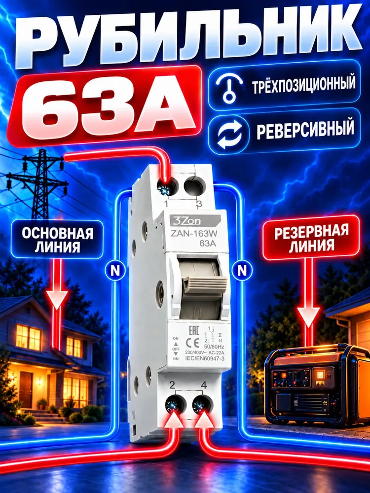 Реверсивный рубильник ZAN-163W 63A 230В/400В / Ручной переключатель двойного питания / Подключение генератора/ Трехпозиционный переключатель, вариант, фото 2