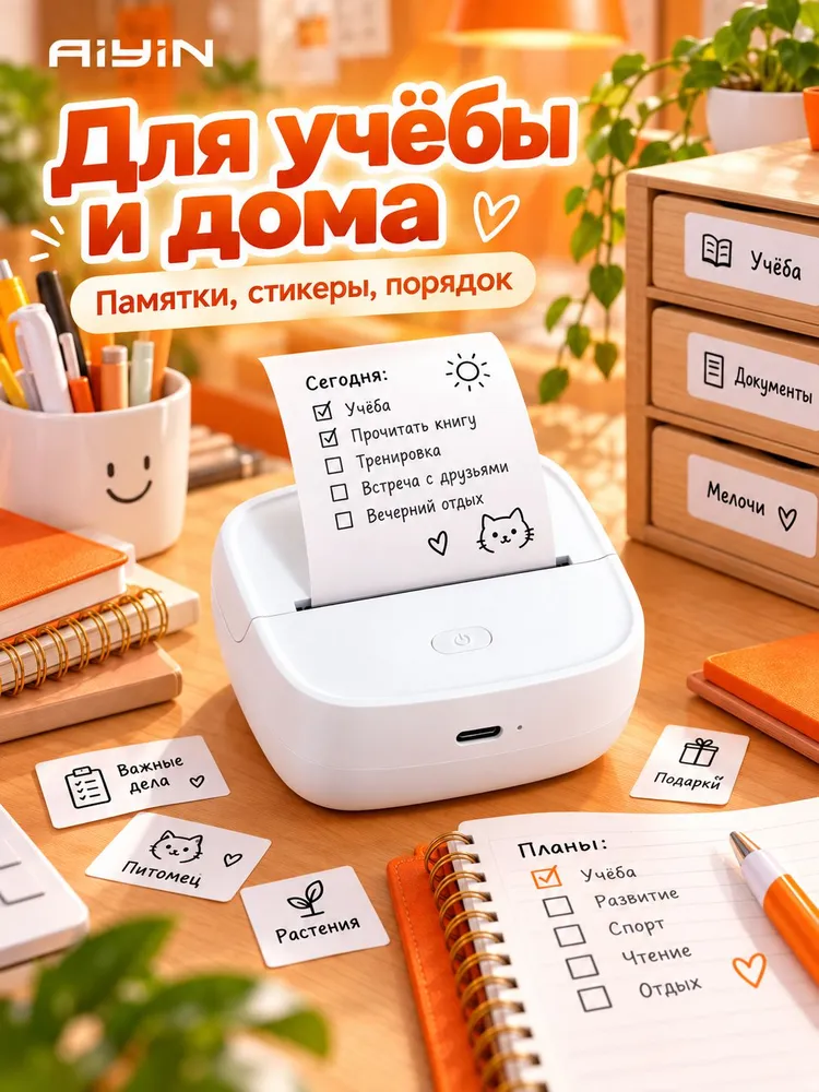 Портативный мини-принтер этикеток AIYIN B23, термопринтер для чеков и наклеек без чернил, Bluetooth + USB-C, 203 dpi, для дома и бизнеса, черный, фото 5