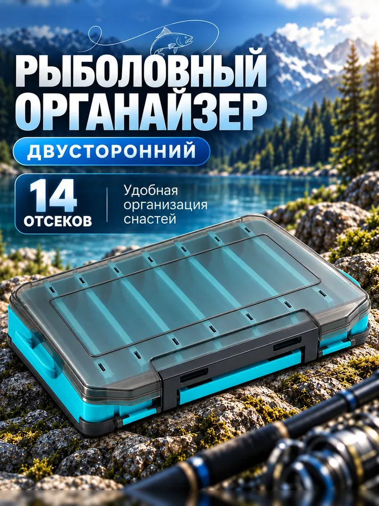 Коробка для воблеров и блёсен двухсторонняя, рыболовный органайзер на 14 отделений, зеленый, 19,5 13 3,5 см, синий