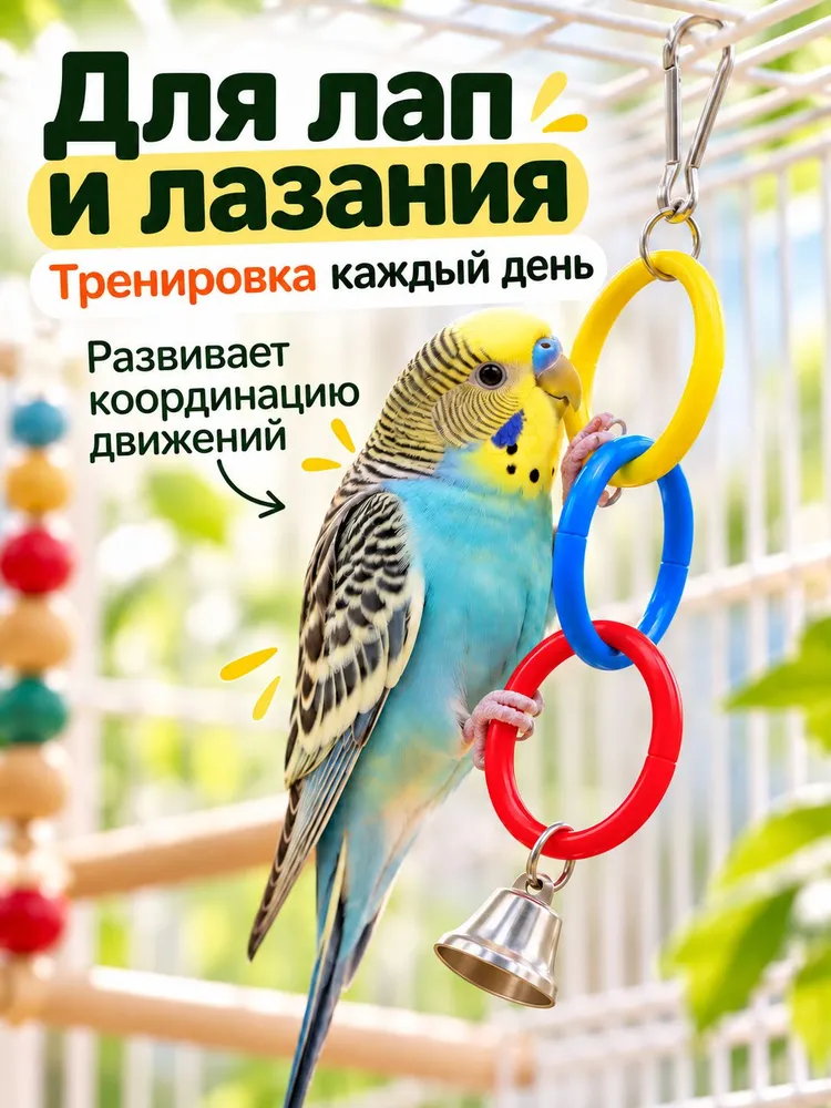 Игрушка для попугаев, кольца качалка с колокольчиком, для птиц в клетке, вариант, фото 2