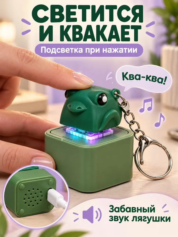 Антистресс игрушка Лягушка кликер с подсветкой и звуком, USB-зарядка, брелок для сумки, нажимная пищалка для детей и взрослых, вариант, фото 5