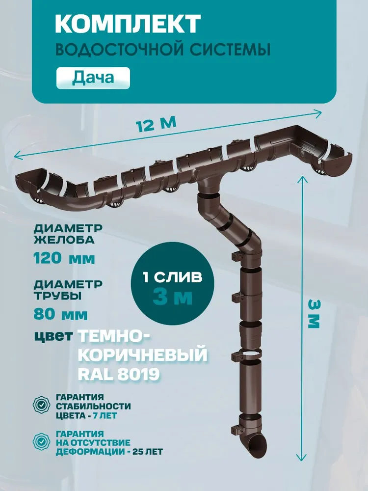 Водосточная система Дача 6 м ( 120мм/80мм ) Темно-коричневый водосток для крыши пластиковый ( Темно-коричневый RAL 8019 ) ПВХ кронштейн /1 слив, 12 м