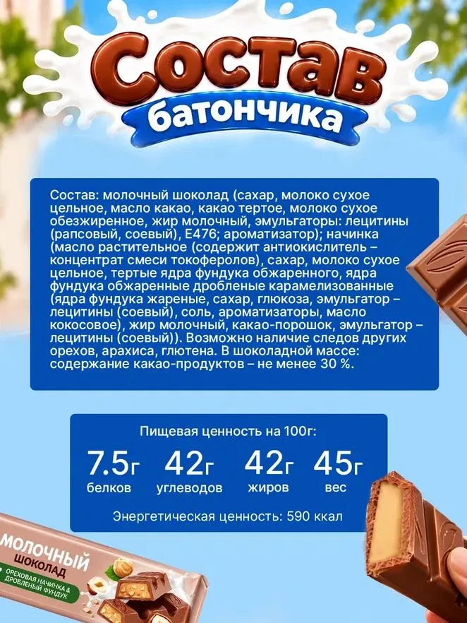 BabyFox молочные шоколадные батончики с ореховой начинкой 30 штук по 45г, 45 г, фото 3