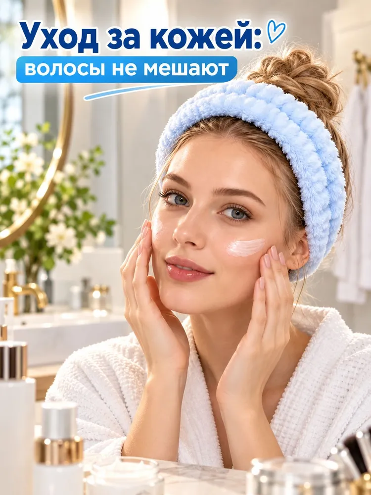 Мягкая эластичная повязка ободок для макияжа и умывания светло голубая для женщин, голубой, фото 2