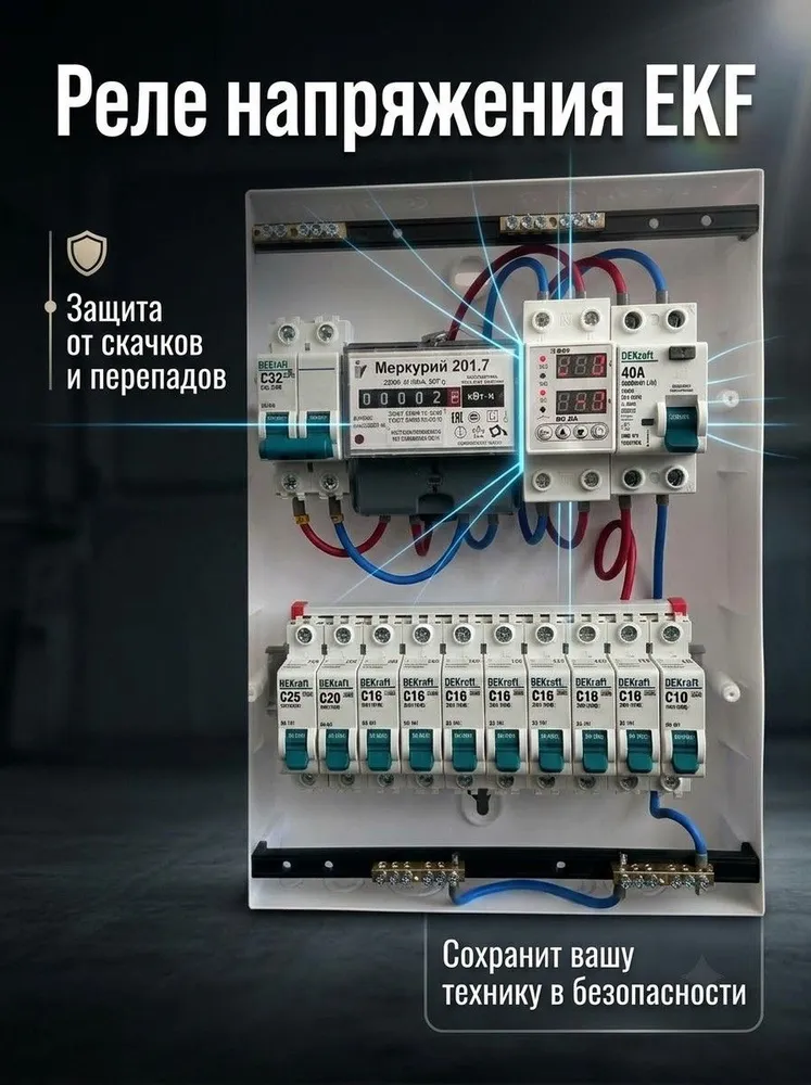 Распределительный щит в сборе KUBICON со счетчиком навесной IP41, электрощиток однофазный 220В 32А (7 кВт) на 10 групп, вариант, фото 2